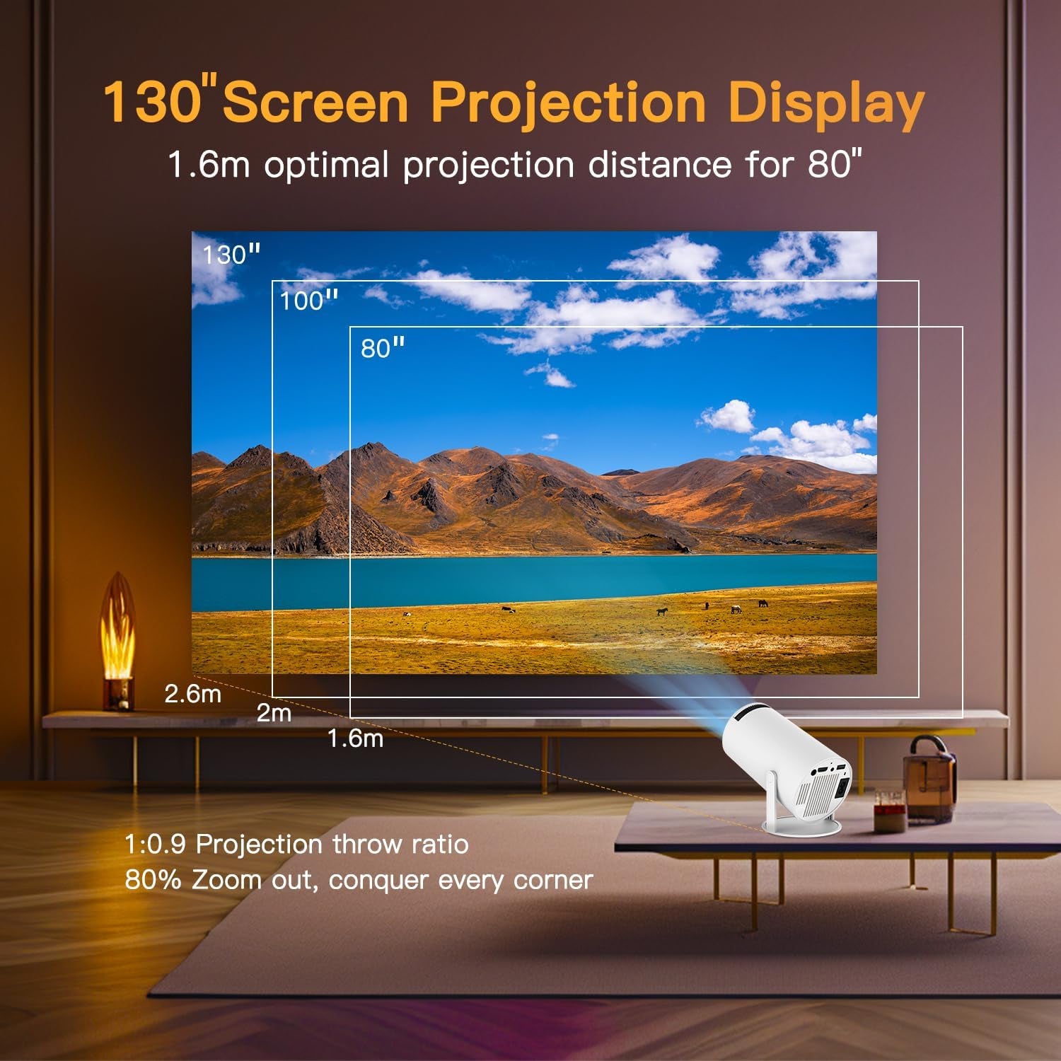 Mini Projector with Wifi and Bluetooth, 4K 1080P Support Portable Projector, 170 ANSI, 180° Rotatable, Auto Keystone Correction, 40"-130" Screen Video Projector for Laptop/Pc/Smartphone