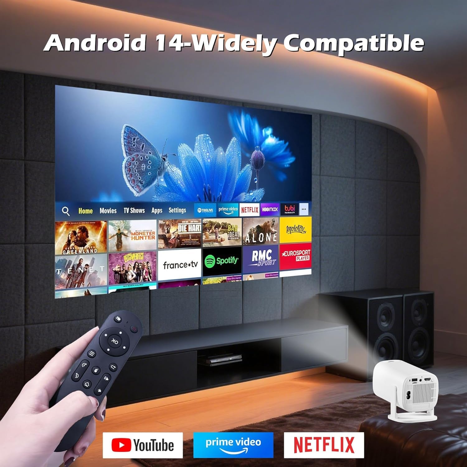Mini Projector with Wifi and Bluetooth, 4K Protable Smart Projector Build-In Android 14, 130" Screen Auto Keystone Movie Projector Compatible with HDMI Phone TV Stick for Bedroom Outdoor